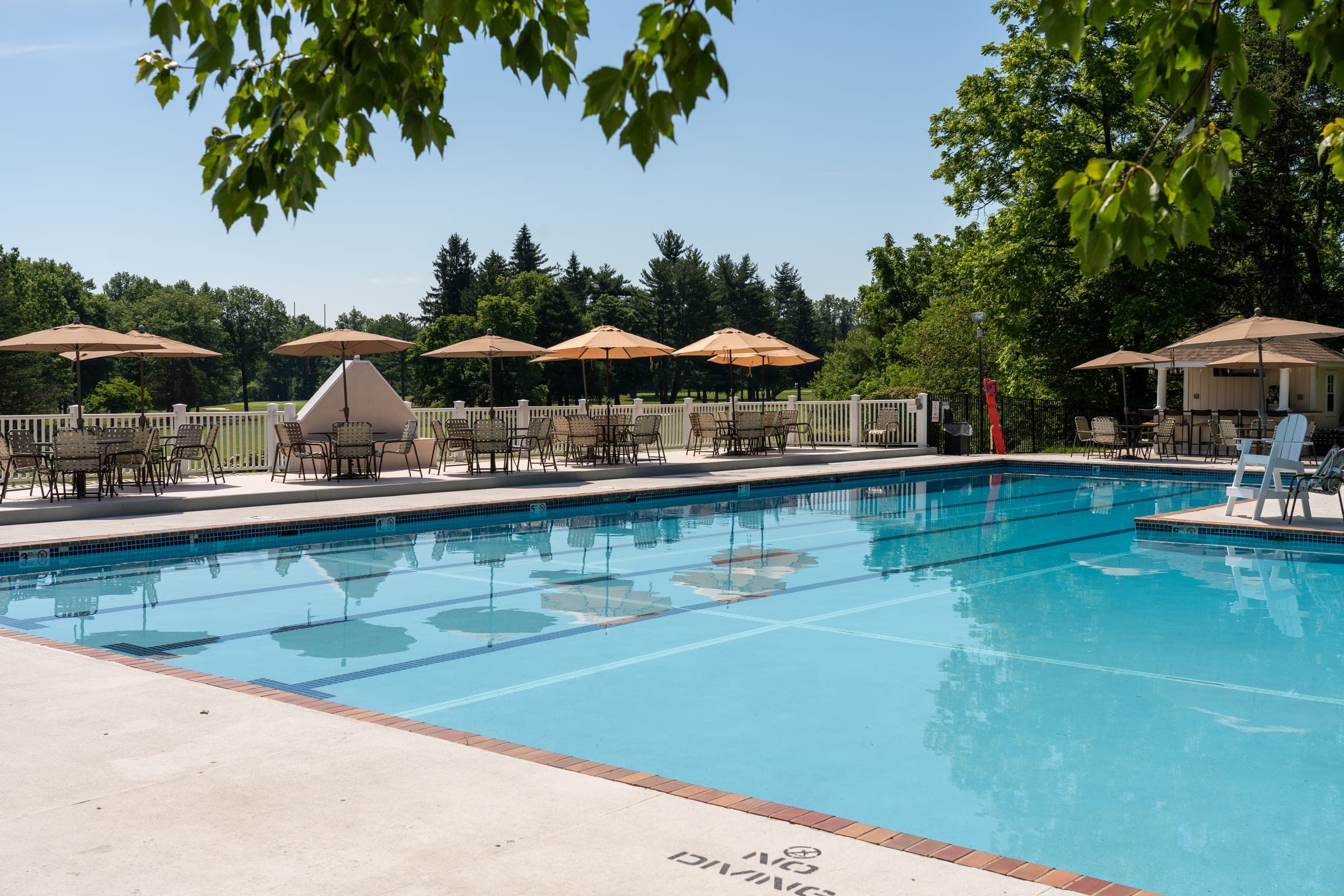 The Copper Hill pool deck on a bright summer afternoon, lined with loungers and tan umbrellas.